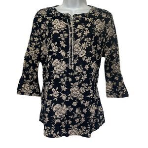 Maison Scotch La Femme Selon Marie Black Tan Flower Beaded Tunic Top Size 2 L